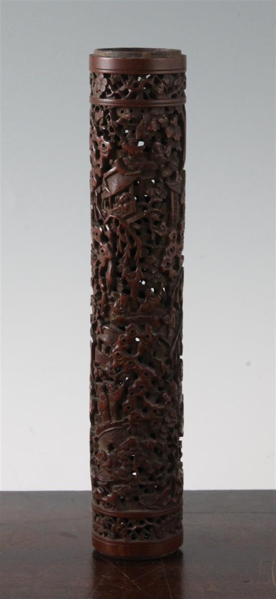 A Chinese bamboo cylindrical perfume holder, 19th century, 23cm, lacking turned ends in horn or ivory